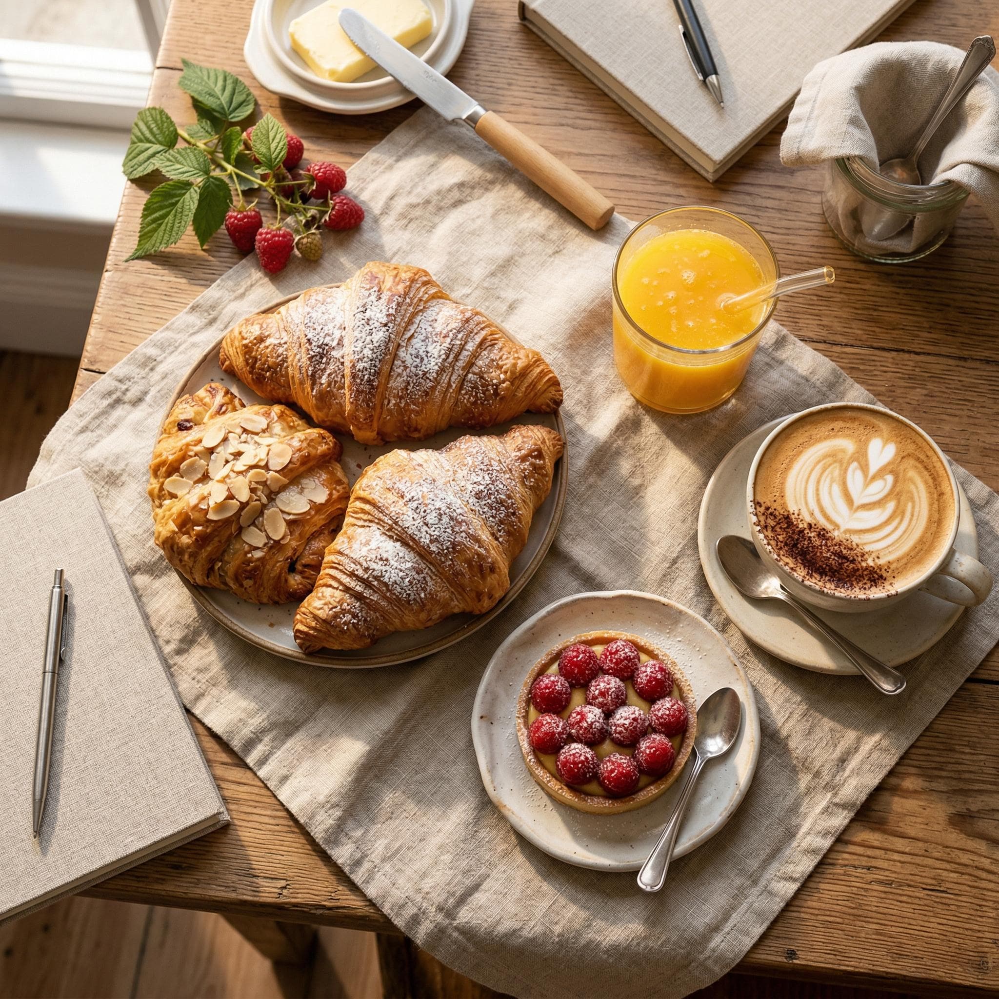 Tarta de almendra y naranja con croissants artesanales